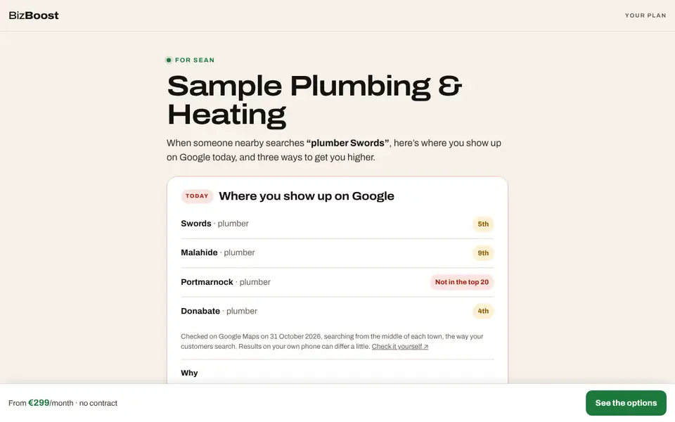Sample personal SEO plan for an example plumber in Swords