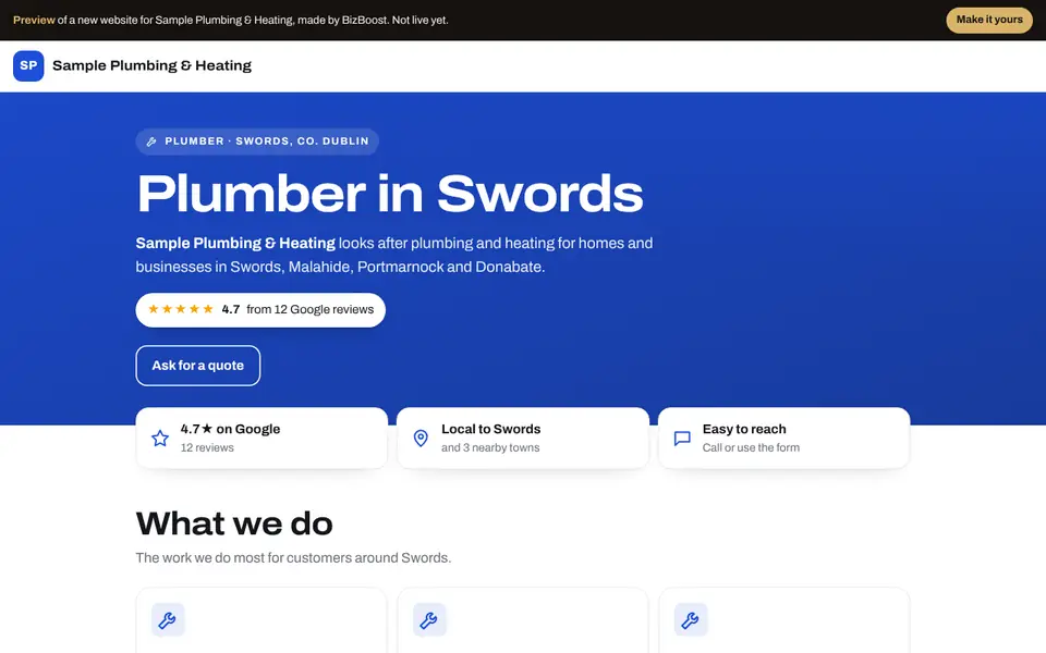 Sample website preview for an example plumber in Swords